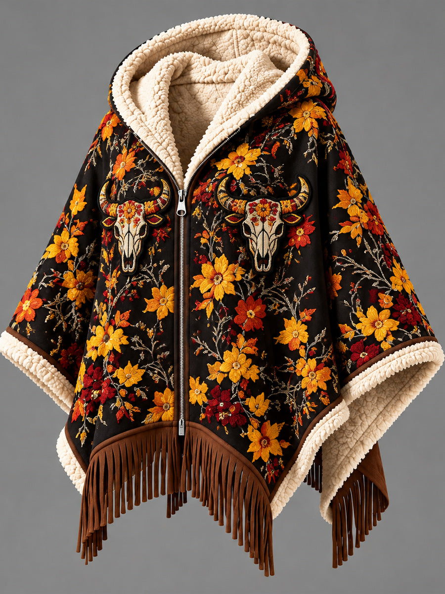 Women's Fall Winter Vintage Art Fleece-Lined Hooded Fringe Poncho